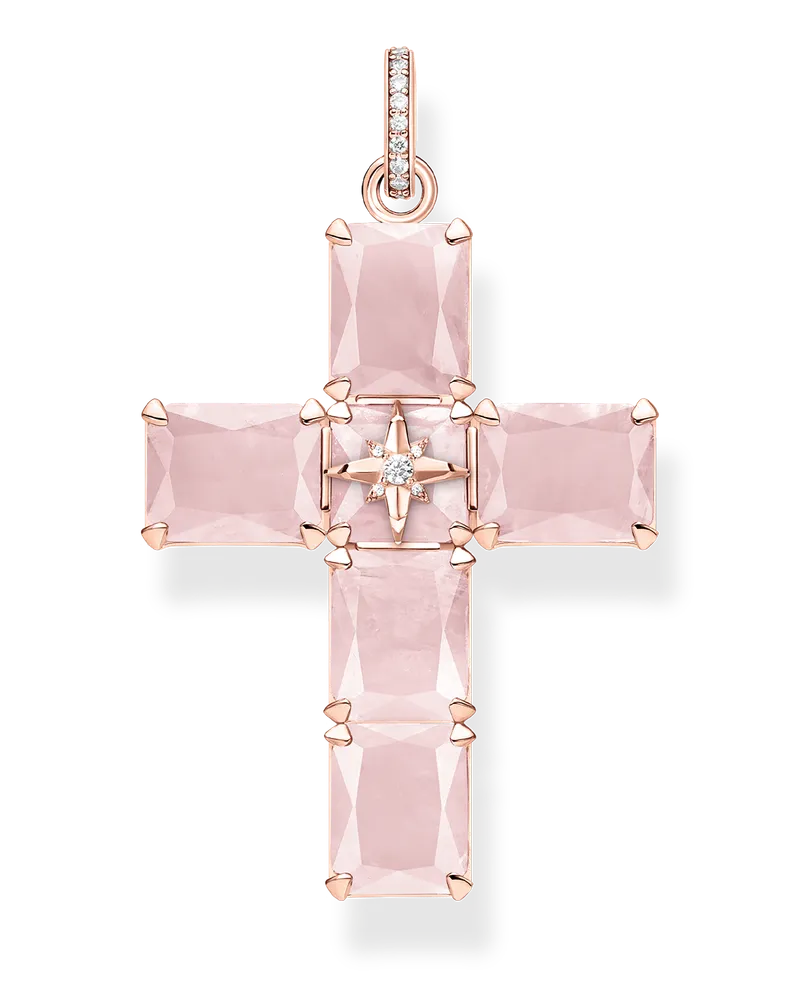 Thomas Sabo Anhänger Kreuz mit großen rosa Steinen und Stern rosévergoldet Pink