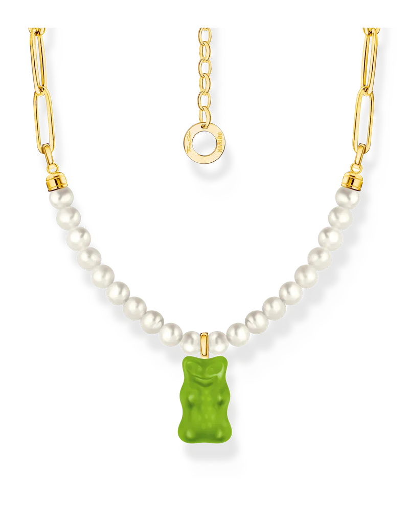 Thomas Sabo Damen Gliederkette mit grünem Goldbären-Anhänger und Perlen vergoldet, Sterlingsilber Gelbgold vergoldet Gelbgoldfarben