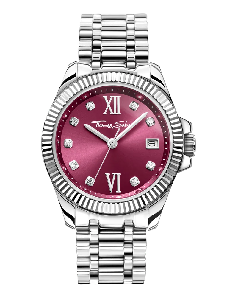 Thomas Sabo Damen Damenuhr Divine Burgundy mit weinrotem Zifferblatt und weißen Steinen Silber, Edelstahl Rot