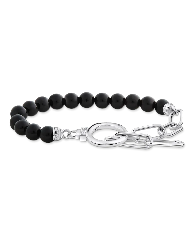 Thomas Sabo Damen Armband aus Onyx-Beads und Ankerelementen  mit weißen Steinen Silber, Sterlingsilber Schwarz