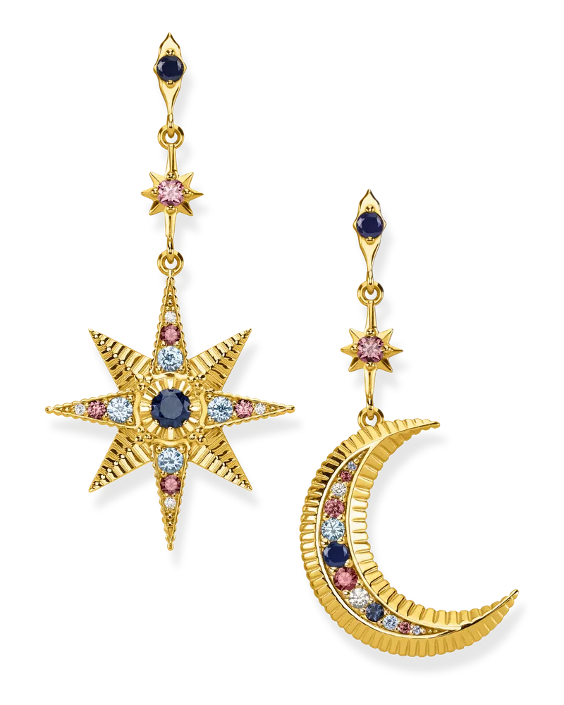 Thomas Sabo Damen Ohrringe Royalty Stern und Mond, 925 Sterlingsilber, vergoldet Gelbgold/ Glas-Keramik Stein Blau