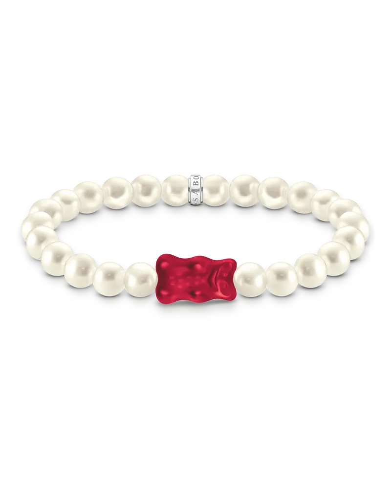 Thomas Sabo Damen Perlenarmband mit rotem Goldbären Silber, Sterlingsilber / Glas Rot