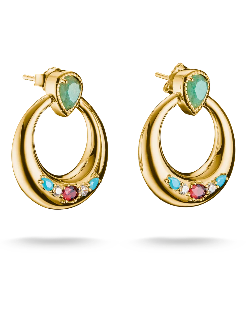 Thomas Sabo Damen Ohrringe Halbcreolenform Grüne, Weiße & Rote Steine 18k Vergoldung, Sterlingsilber Gelbgold vergoldet Gelbgoldfarben