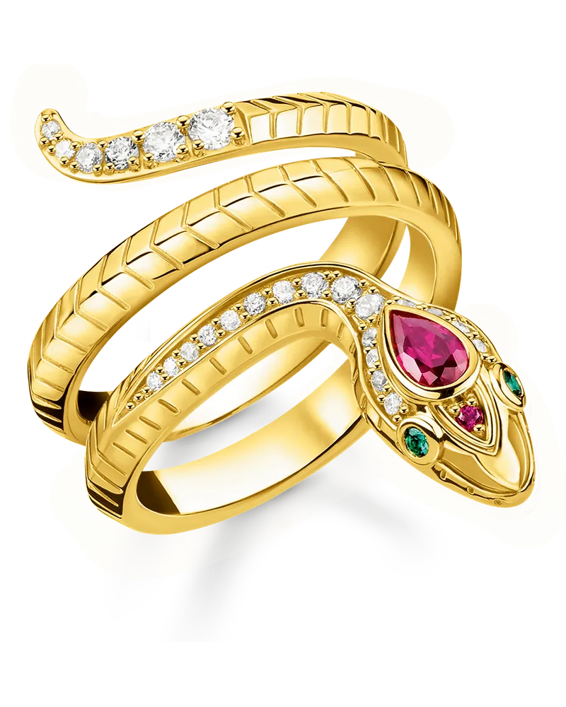 Thomas Sabo Damen Ring Schlange gold, 925 Sterlingsilber vergoldet Gelbgold/ Glas-Keramik Stein/ synthetischer Korund/ Zirkonia Gelbgoldfarben