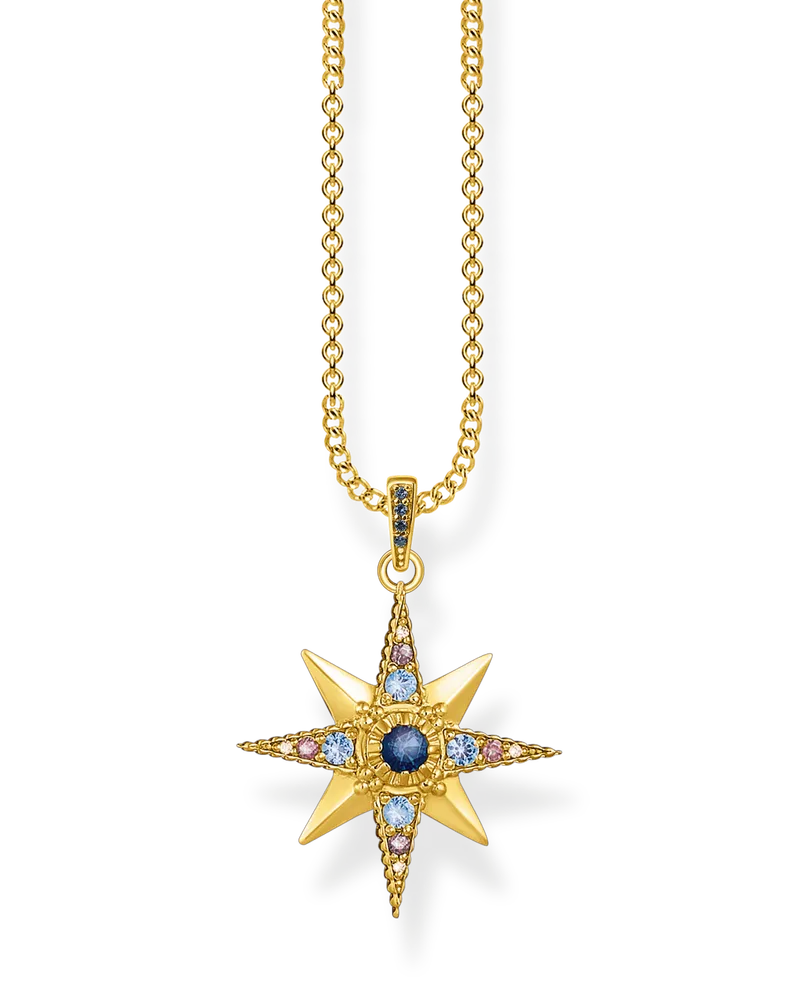 Thomas Sabo Damen Kette Royalty Stern, 925 Sterlingsilber, vergoldet Gelbgold/ Glas-Keramik Stein Blau