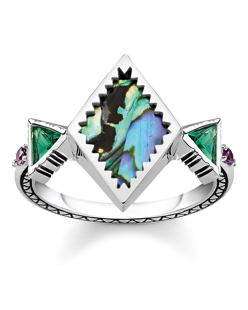 Thomas Sabo Damen Ring Zick Zack Abalone Perlmutt, Sterlingsilber geschwärzt Grün