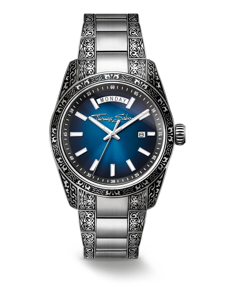 Thomas Sabo Herren Uhr Rebel at Heart Revive 40mm Edelstahl Mitternachtsblau, Gravur-Design, Edelstahl Blau