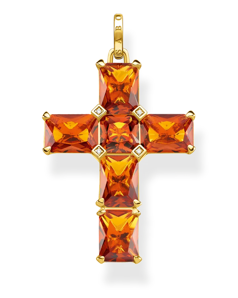 Thomas Sabo Damen Anhänger Kreuz mit orangen Steinen und Stern vergoldet, Sterlingsilber Gelbgold vergoldet Gelbgoldfarben