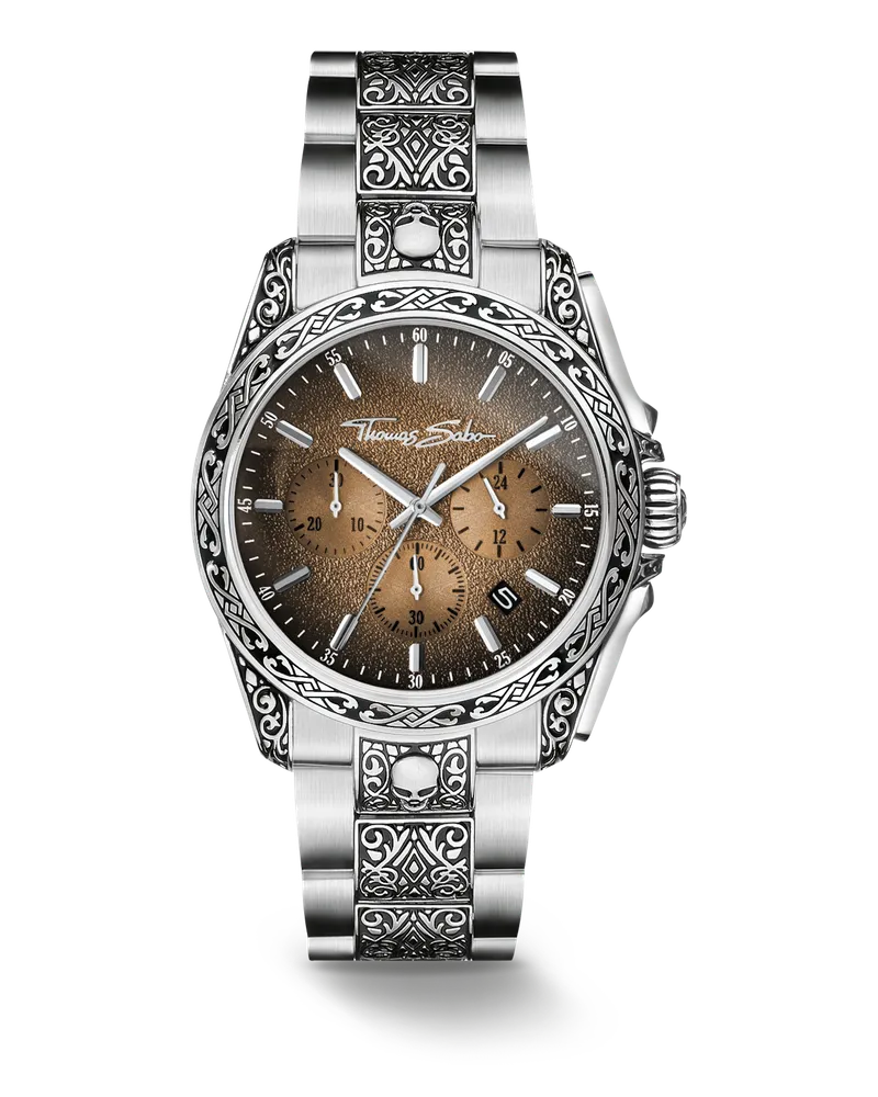 Thomas Sabo Herren Uhr Rebel at Heart Engraved 41mm Edelstahl Beige Tattoo-Design, Edelstahl Beige