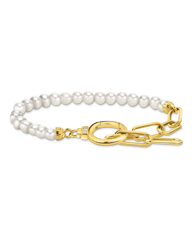 Thomas Sabo Damen Armband aus Perlen und Ankerelementen mit weißen Steinen vergoldet, Sterlingsilber Gelbgold vergoldet Gelbgoldfarben