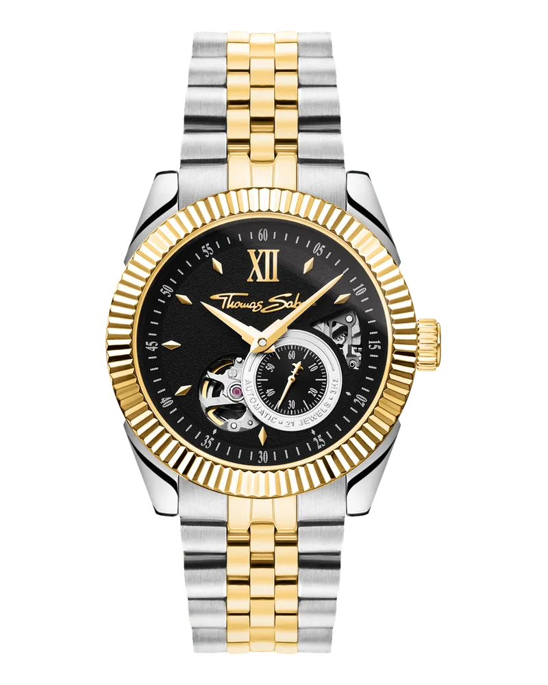 Thomas Sabo Herren Automatikuhr mit und schwarzem Zifferblatt in Bicolour, Edelstahl Gelbgoldfarben