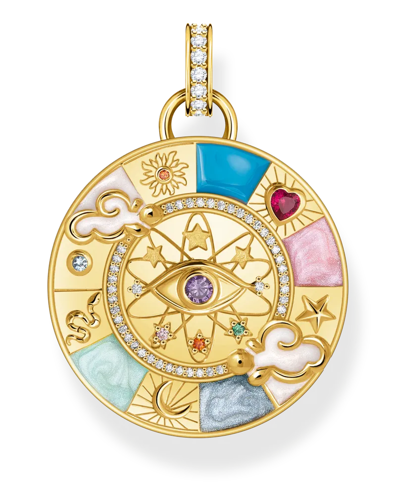 Thomas Sabo Damen Kettenanhänger Glücksrad mit kosmischen Symbolen vergoldet, 925 Sterlingsilber vergoldet Gelbgold/ Glas-Keramik Stein/ Kaltemail/ synthetischer Korund/ Zirkonia Blau