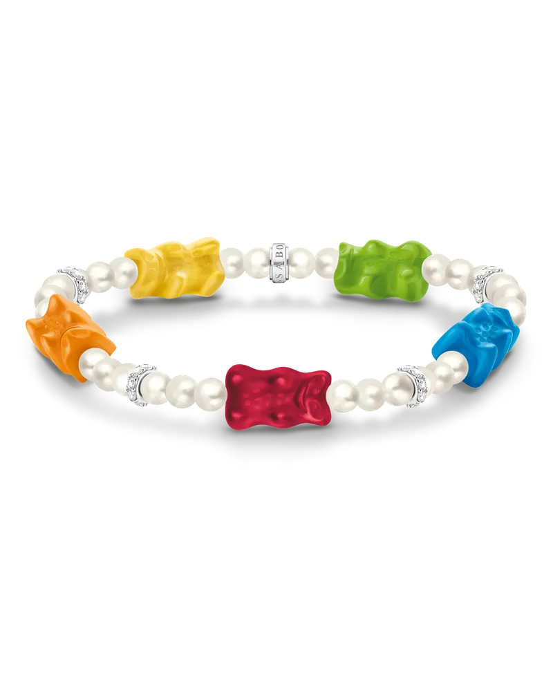 Thomas Sabo Damen Perlenarmband mit 5 bunten Goldbären Silber, Sterlingsilber / Glas Blau