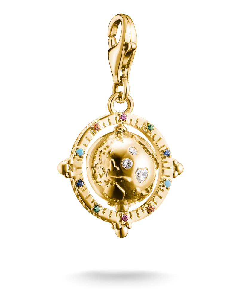 Thomas Sabo Damen Charm-Anhänger bunte Weltkugel vergoldet, 925 Sterlingsilber vergoldet Gelbgold/ Glas-Keramik Stein/ synthetischer Korund/ Zirkonia, Charm Club Collection Blau