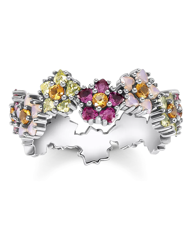 Thomas Sabo Damen Ring Blumen farbige Steine silber, 925 Sterlingsilber, geschwärzt/ Glas-Keramik Stein/ synthetischer Korund/ Zirkonia Hellgrün