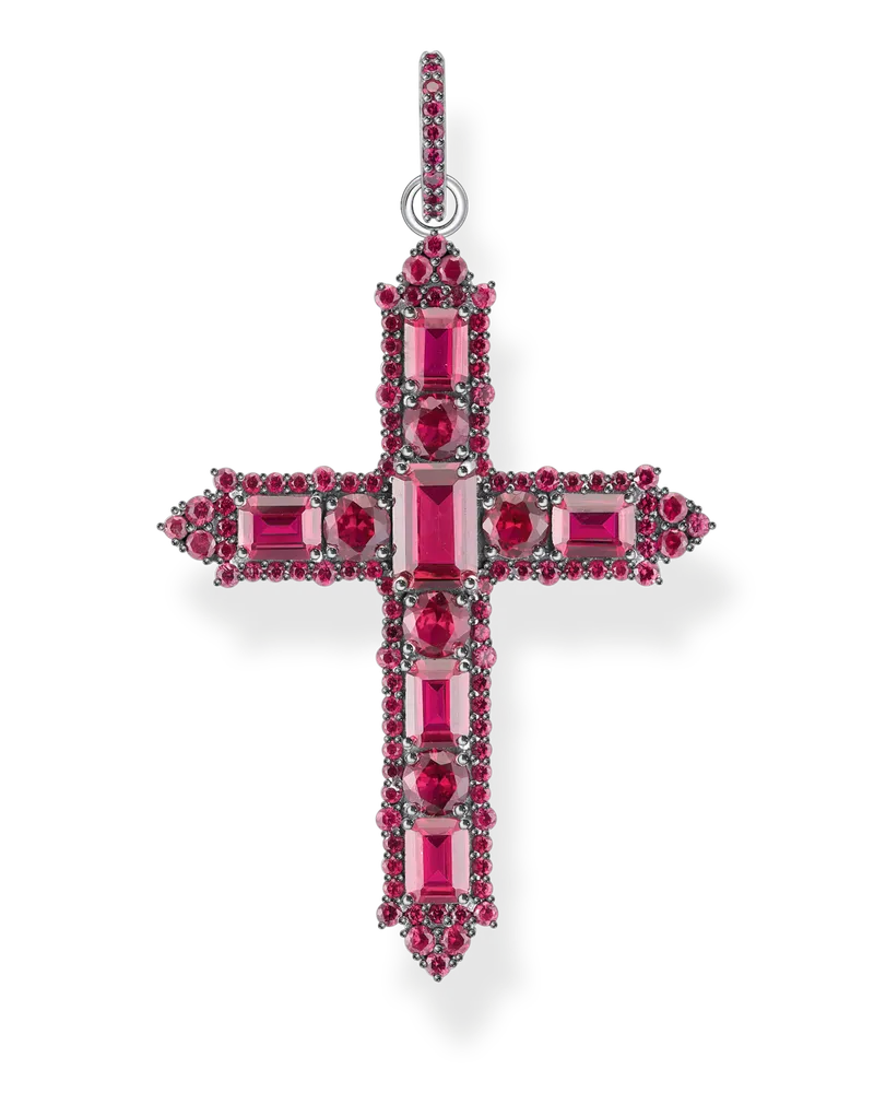 Thomas Sabo Damen Kreuzanhänger mit rubinroten Steinen Silber geschwärzt, Sterlingsilber Silberfarben