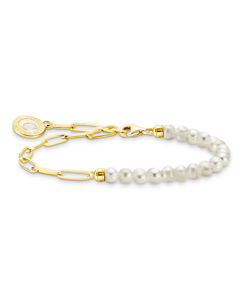 Thomas Sabo Damen Charm-Armband mit weißen Perlen und Coin vergoldet, Sterlingsilber Gelbgold vergoldet, Charm Club Collection Gelbgoldfarben