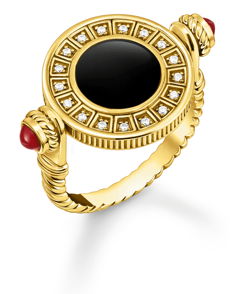 Thomas Sabo Damen Ring drehbar mit schwarzem Onyx und weißen Steinen vergoldet, 522 Gelbgoldfarben
