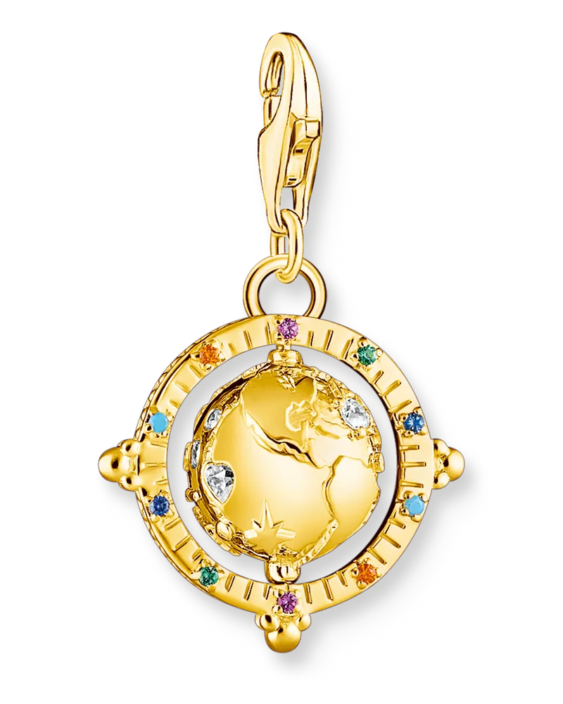 Thomas Sabo Damen Charm-Anhänger bunte Weltkugel vergoldet, 925 Sterlingsilber vergoldet Gelbgold/ Glas-Keramik Stein/ synthetischer Korund/ Zirkonia, Charm Club Collection Blau
