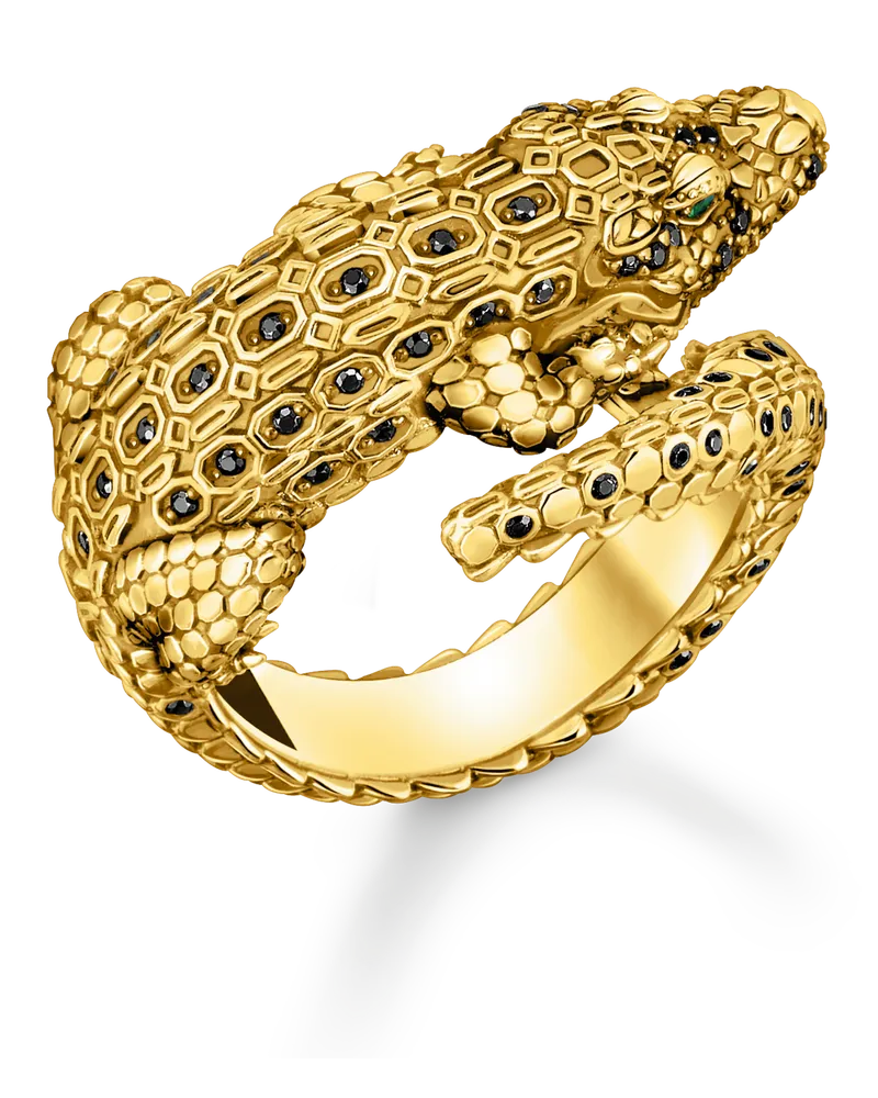 Thomas Sabo Herren Ring Krokodil mit schwarzen und grünen Steinen vergoldet, Sterlingsilber Gelbgold vergoldet Gelbgoldfarben
