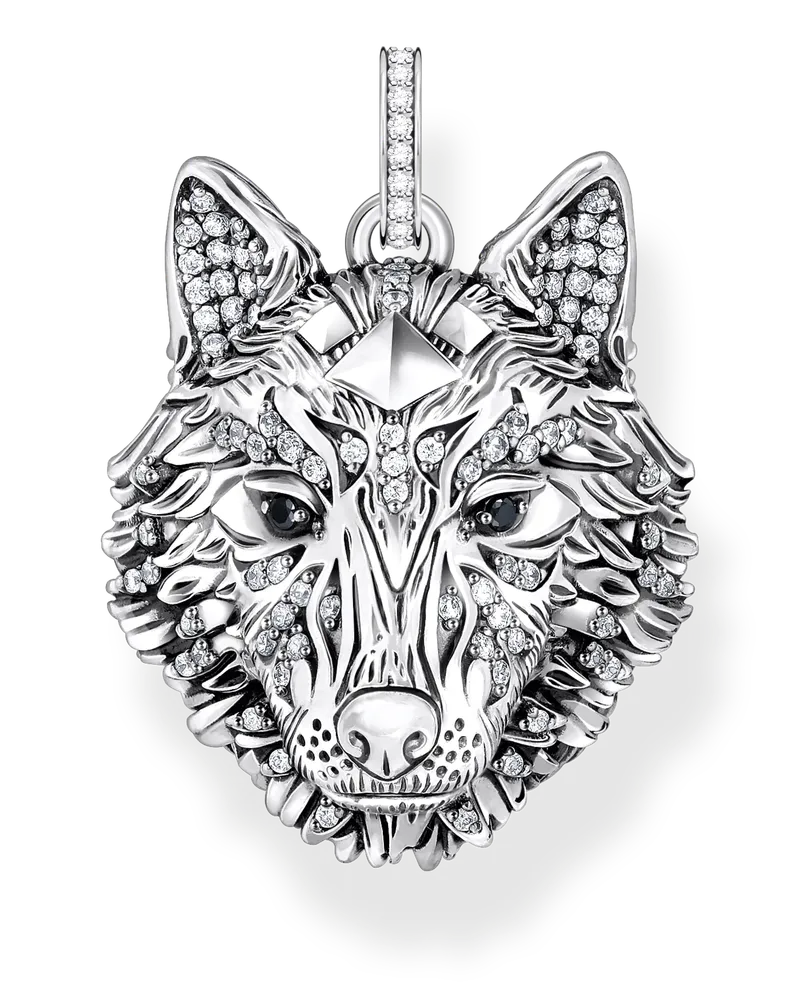 Thomas Sabo Herren Anhänger Wolf Gesicht mit Steinen Silber geschwärzt, Sterlingsilber Schwarz
