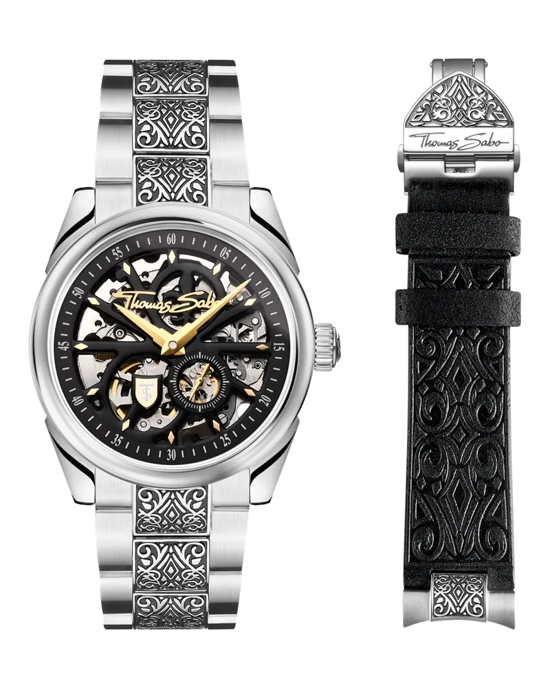Thomas Sabo Herren Automatikuhr mit schwarzem Zifferblatt und Akanthusmuster silberfarben, Edelstahl Gelbgoldfarben