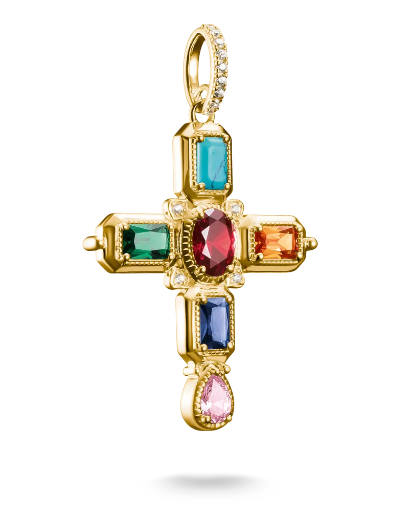 Thomas Sabo Damen Anhänger Kreuz mit mehrfarbigen Steinen, Sterlingsilber Gelbgold vergoldet Blau