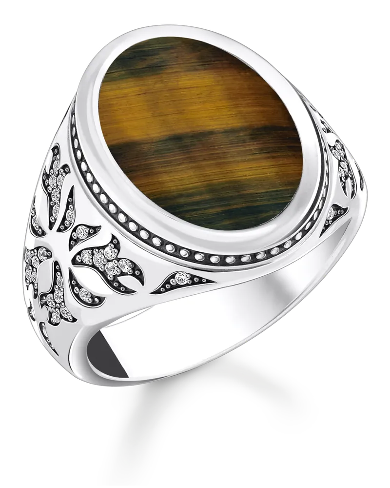 Thomas Sabo Herren Siegelring mit goldblauem Tigerauge Silber geschwärzt, Sterlingsilber geschwärzt Blau