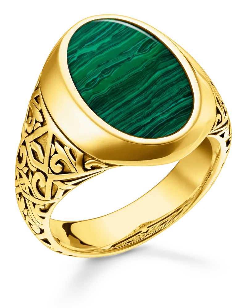 Thomas Sabo Herren Ring grün-gold, 925 Sterlingsilber vergoldet Gelbgold/ imitierter Malachit Gelbgoldfarben