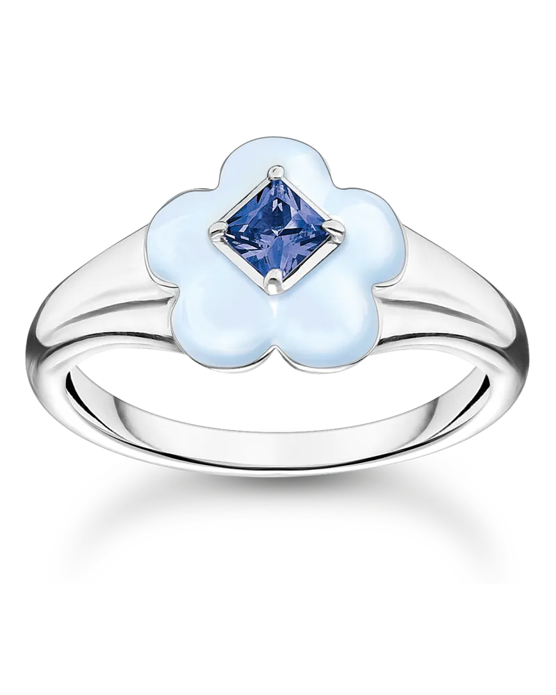 Thomas Sabo Damen Ring Blume mit blauem Stein Silber, 925 Sterlingsilber/ Kaltemail/ Glas-Keramik Stein, Charming Collection Dunkelblau