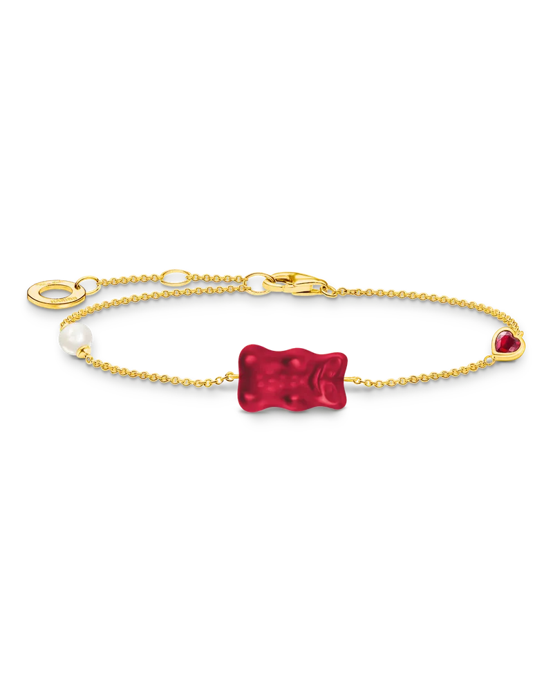 Thomas Sabo Damen Armband mit rotem Goldbären, Perle und Stein vergoldet, Sterlingsilber Gelbgold vergoldet Gelbgoldfarben