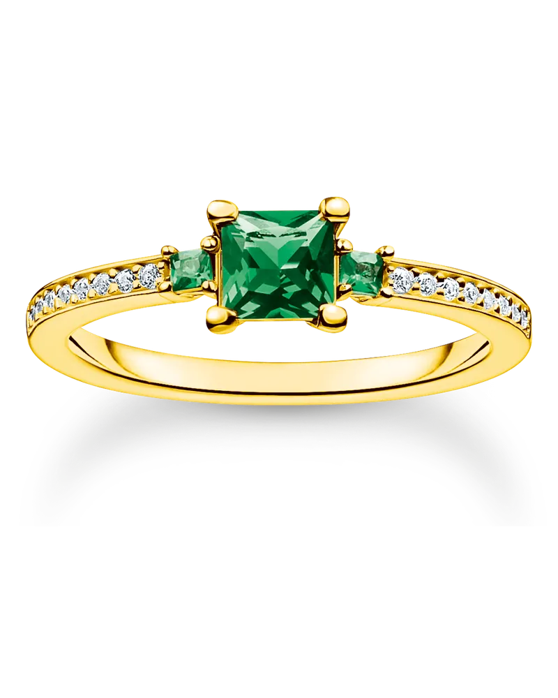 Thomas Sabo Damen Ring mit grünen und weißen Steinen gold, Sterlingsilber Gelbgold vergoldet, Charming Collection Gelbgoldfarben