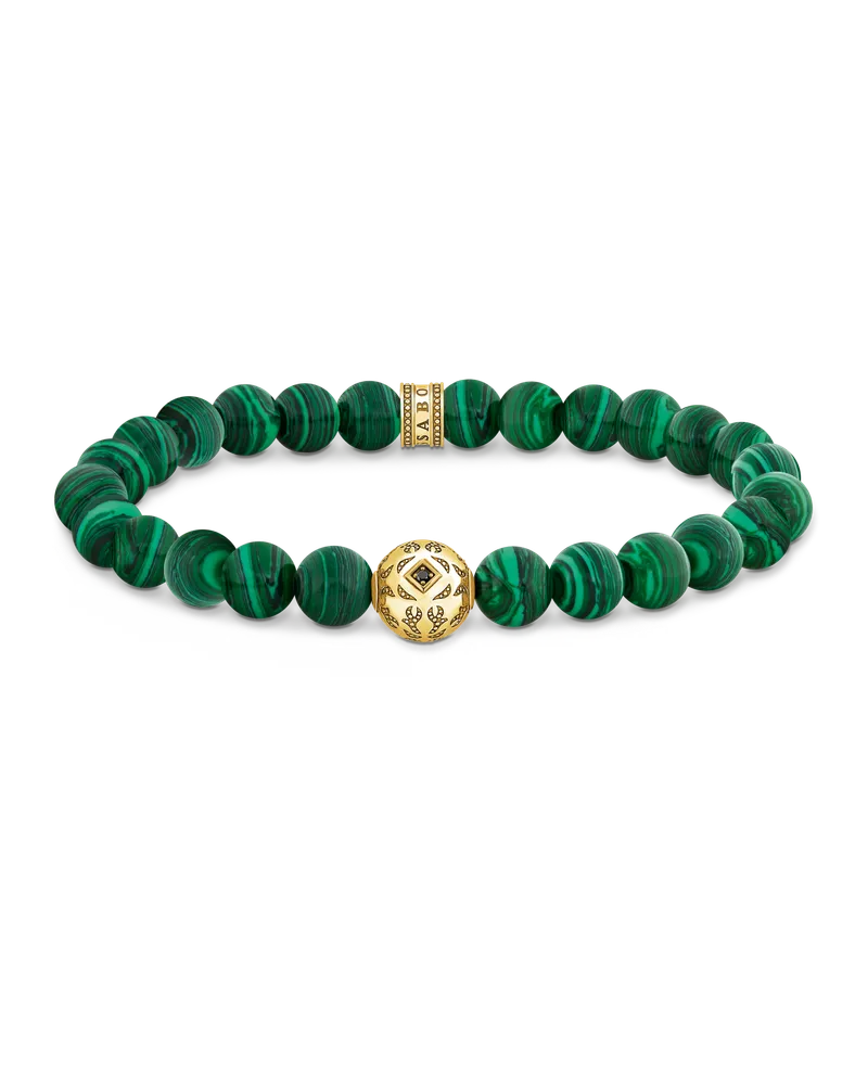 Thomas Sabo Herren Beads-Armband aus grünen Steinen vergoldet, 925 Sterlingsilber vergoldet Gelbgold/ imitierter Malachit Gelbgoldfarben
