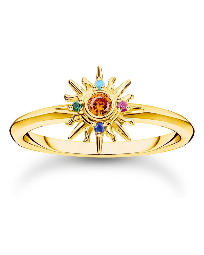 Thomas Sabo Damen Ring mit Sonne und bunten Steinen vergoldet, 925 Sterlingsilber vergoldet Gelbgold/ Glas-Keramik Stein/ synthetischer Korund/ Zirkonia, Charming Collection Blau