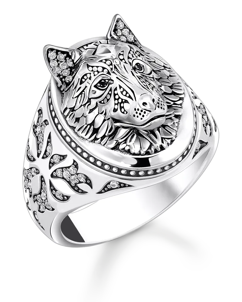 Thomas Sabo Herren Siegelring Wolf mit Steinen Silber geschwärzt, Sterlingsilber Schwarz
