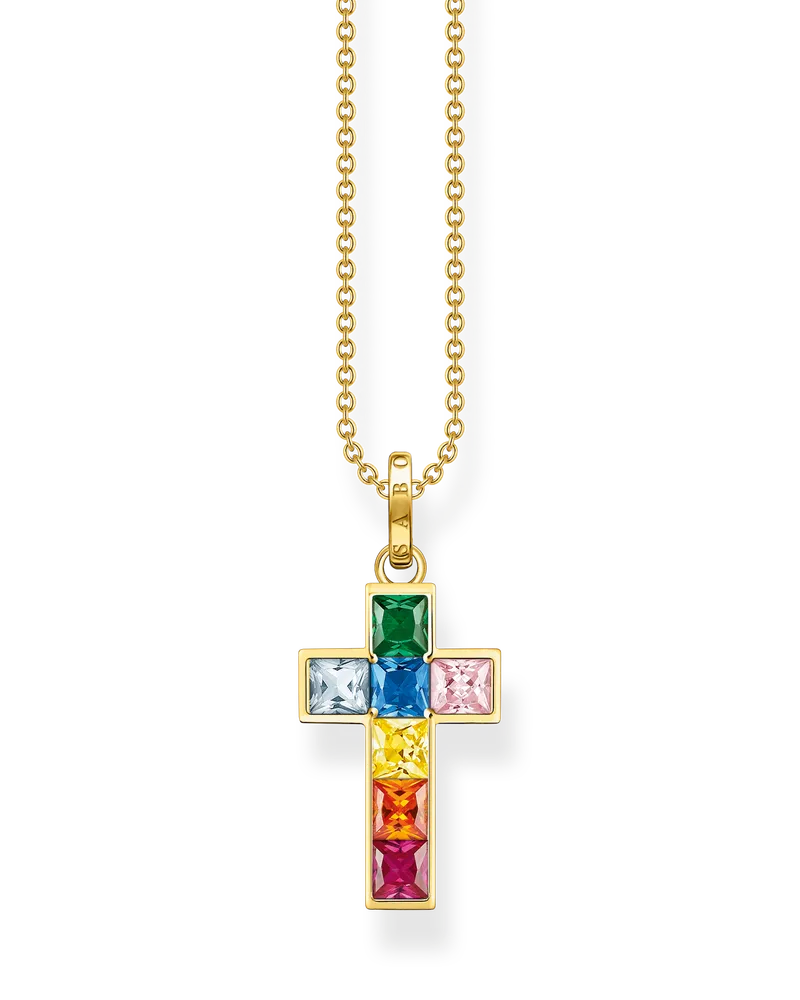 Thomas Sabo Damen Kette Kreuz mit bunten Steinen vergoldet, Sterlingsilber Gelbgold vergoldet Blau