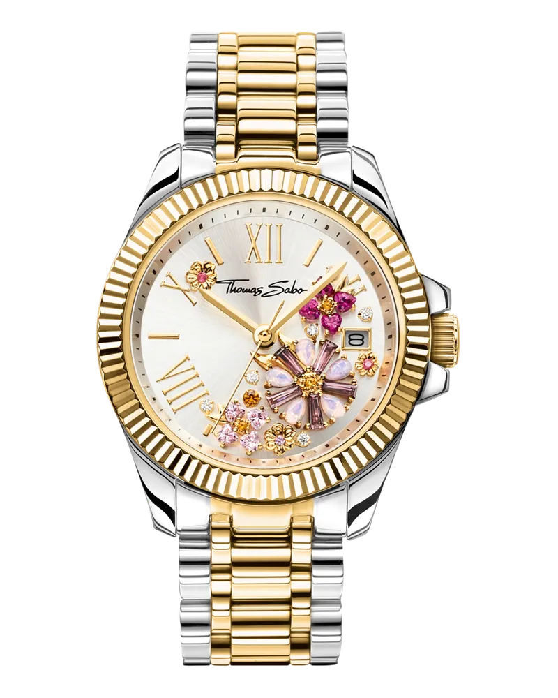 Thomas Sabo Damen Damenuhr Blumen aus rosafarbenen Steinen bicolor, Edelstahl Gelbgoldfarben