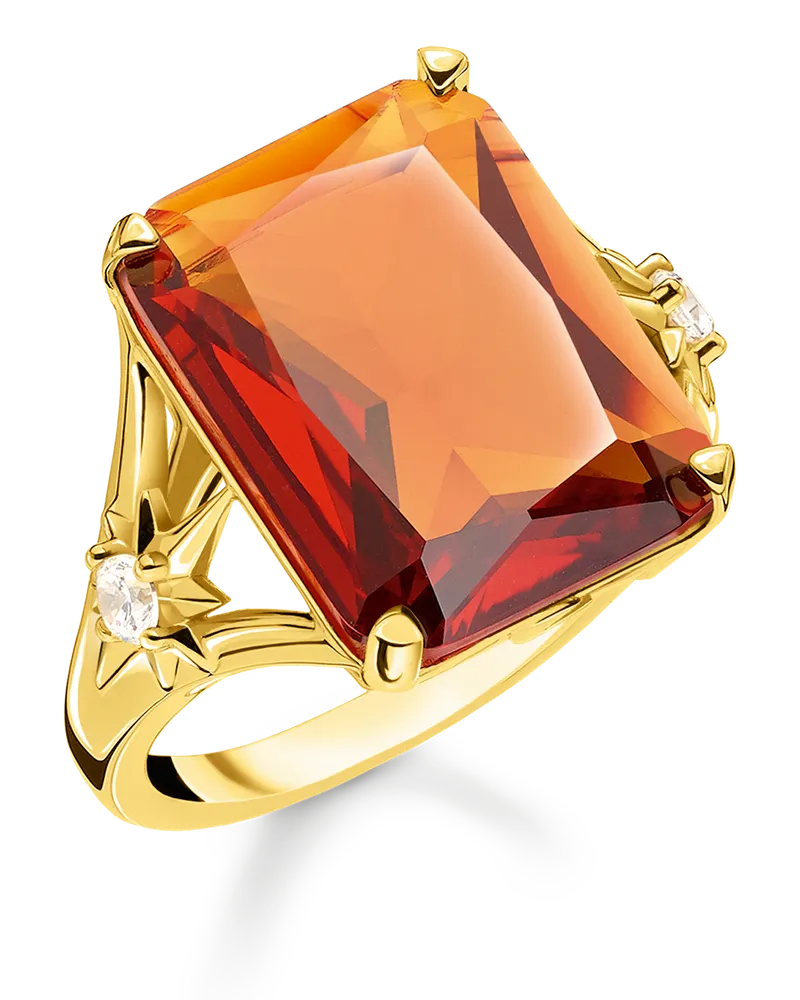 Thomas Sabo Damen Ring mit großem orangenem Stein und Sterne vergoldet, Sterlingsilber Gelbgold vergoldet Gelbgoldfarben