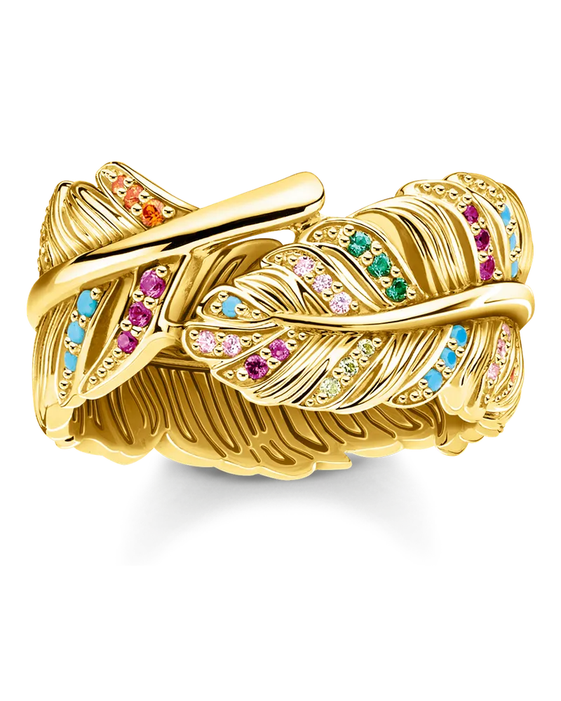 Thomas Sabo Damen Ring Feder gold, 925 Sterlingsilber vergoldet Gelbgold/ Glas-Keramik Stein/ synthetischer Korund/ Zirkonia Blau