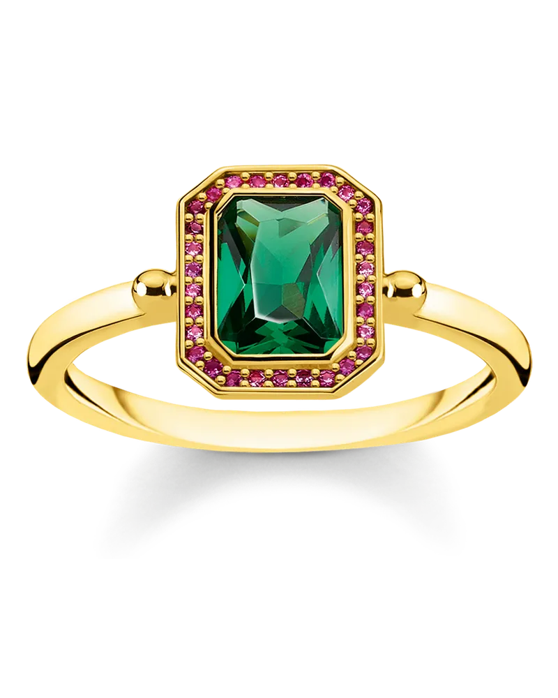 Thomas Sabo Damen Ring Steine rot und grün gold, Sterlingsilber Gelbgold vergoldet Gelbgoldfarben