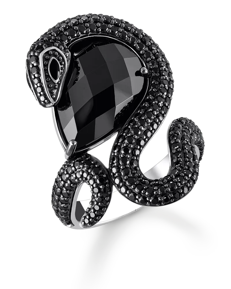 Thomas Sabo Ring Schlange mit großem schwarzen Stein Silber geschwärzt Schwarz