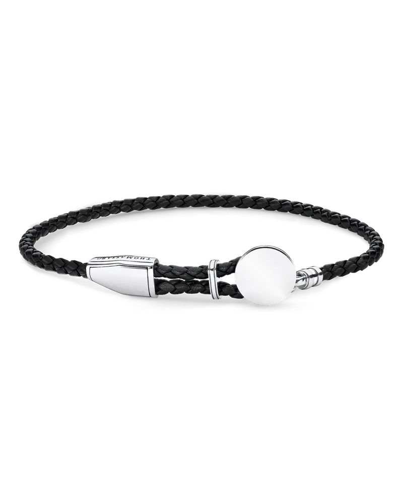 Thomas Sabo Herren Lederarmband Coin mit Gravur, Sterlingsilber | Leder Schwarz