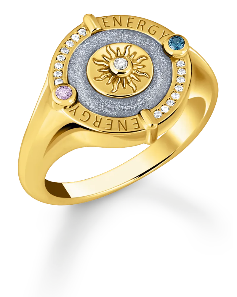 Thomas Sabo Damen Siegelring mit Sonnensymbol und Steinen vergoldet, Sterlingsilber Gelbgold vergoldet Blau