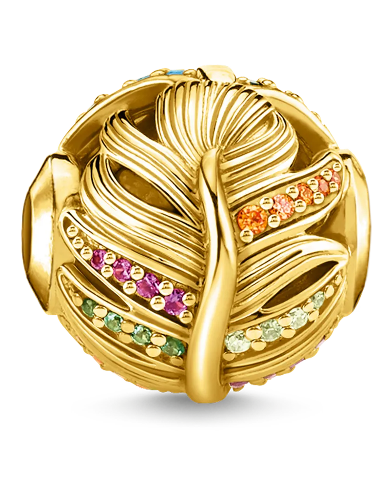 Thomas Sabo Damen Bead Feder gold, 925 Sterlingsilber vergoldet Gelbgold/ Glas-Keramik Stein/ synthetischer Korund/ Zirkonia, Karma Beads Blau