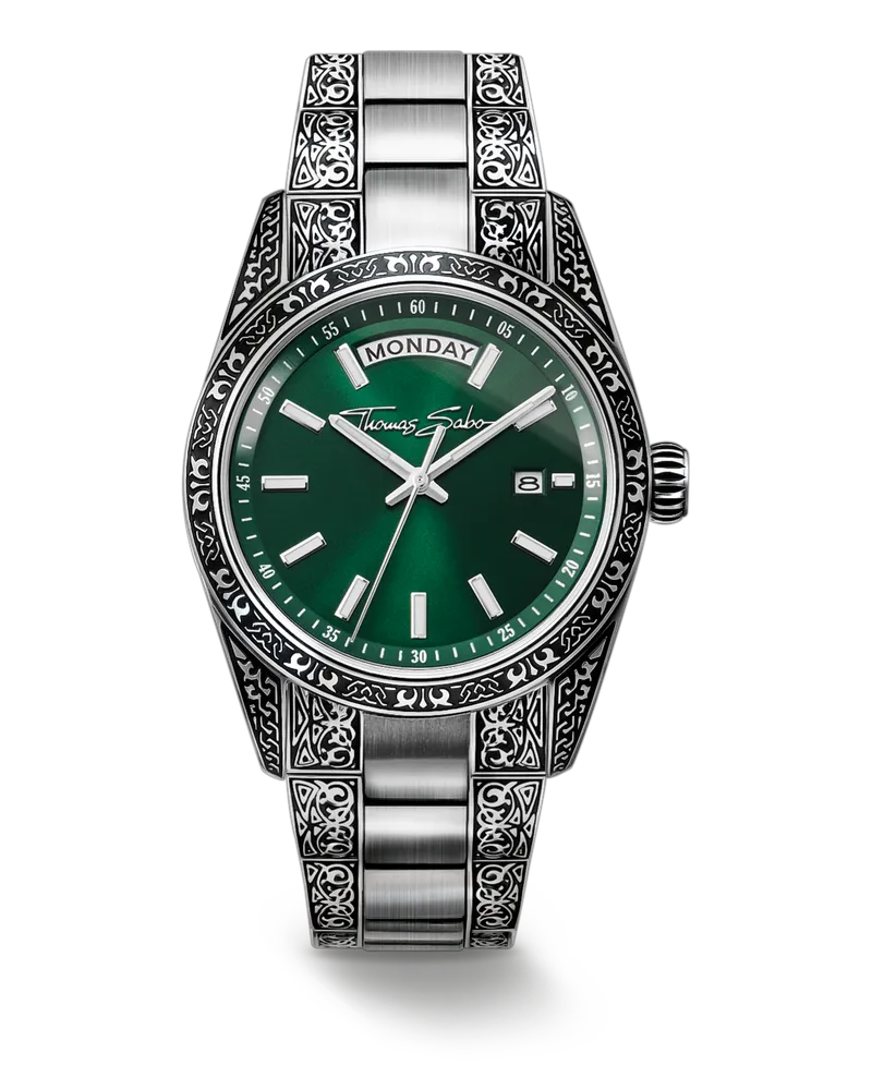 Thomas Sabo Herren Uhr Rebel at Heart Revive, 36mm, Edelstahl, Rauchgrün, Gravurdesign, Edelstahl Grün