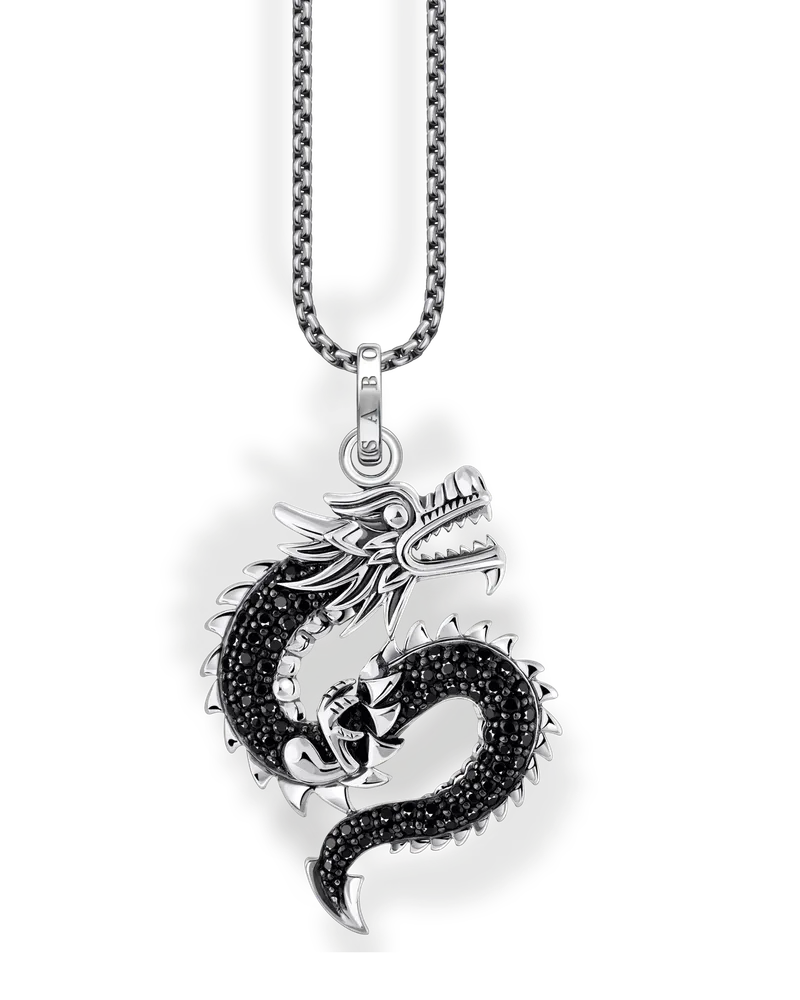Thomas Sabo Herren Kette mit Drachen-Anhänger und schwarzen Steinen Silber, Sterlingsilber Schwarz