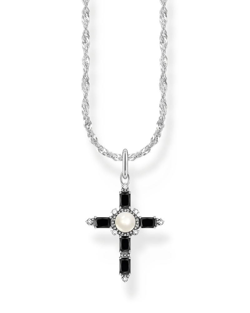 Thomas Sabo Damen Kette mit schwarzem Kreuzanhänger Cross Romance Silber, Sterlingsilber Schwarz