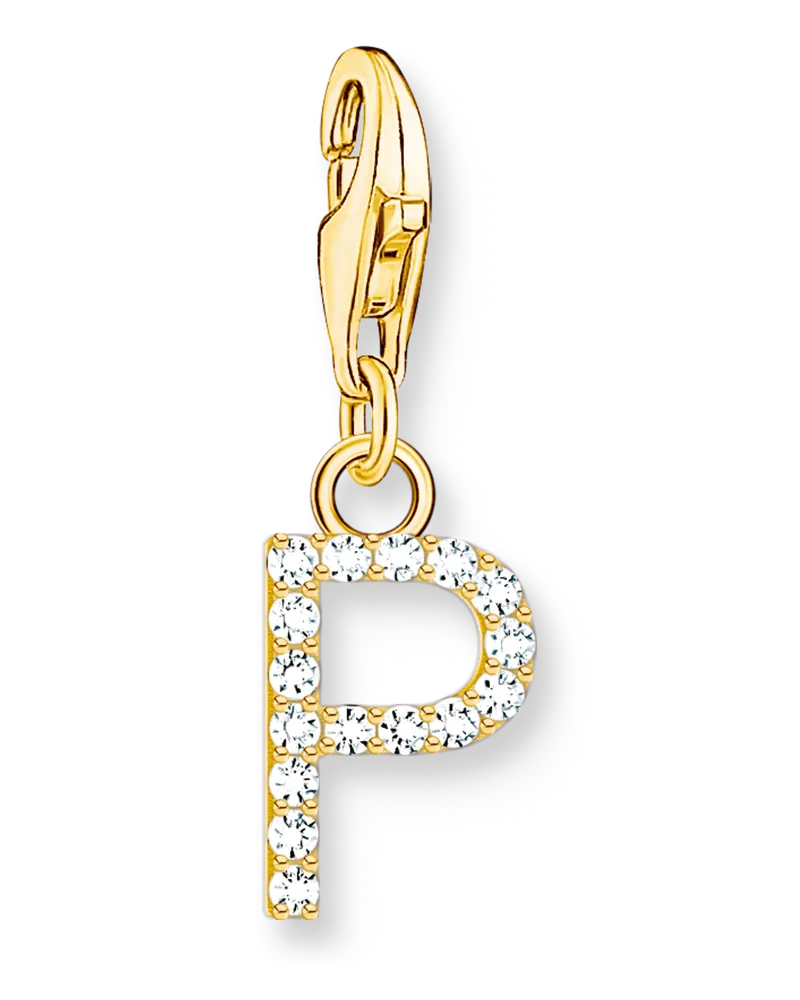 Thomas Sabo Damen Charm-Anhänger Buchstabe P mit weißen Steinen vergoldet, Sterlingsilber Gelbgold vergoldet, Charm Club Collection Gelbgoldfarben