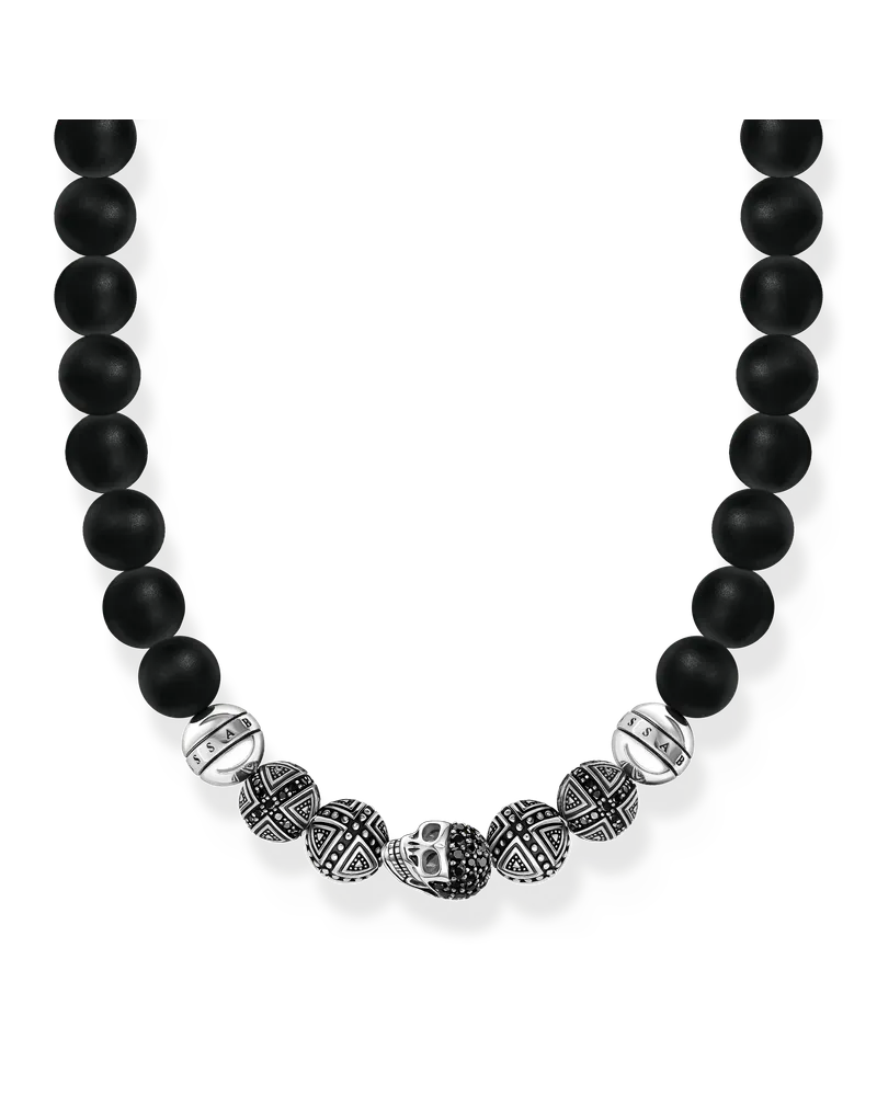 Thomas Sabo Herren Kette Obsidian mit Totenkopf und Kreuzen Silber, Sterlingsilber Schwarz