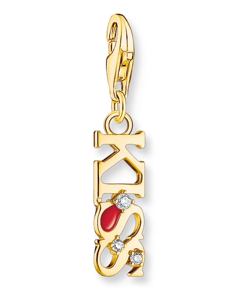 Thomas Sabo Damen Charm-Anhänger KISS mit weißen Steinen vergoldet, Sterlingsilber Gelbgold vergoldet, Charm Club Collection Rot